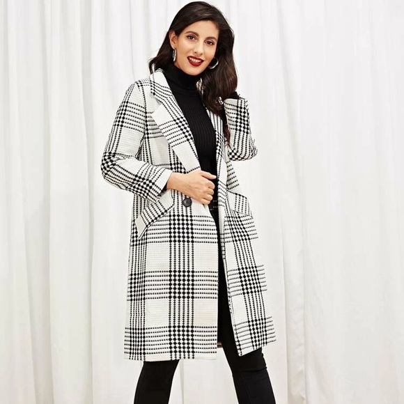 SHEIN Self Tie Plaid Pocket Black and White Coat - Picture 6 of 10